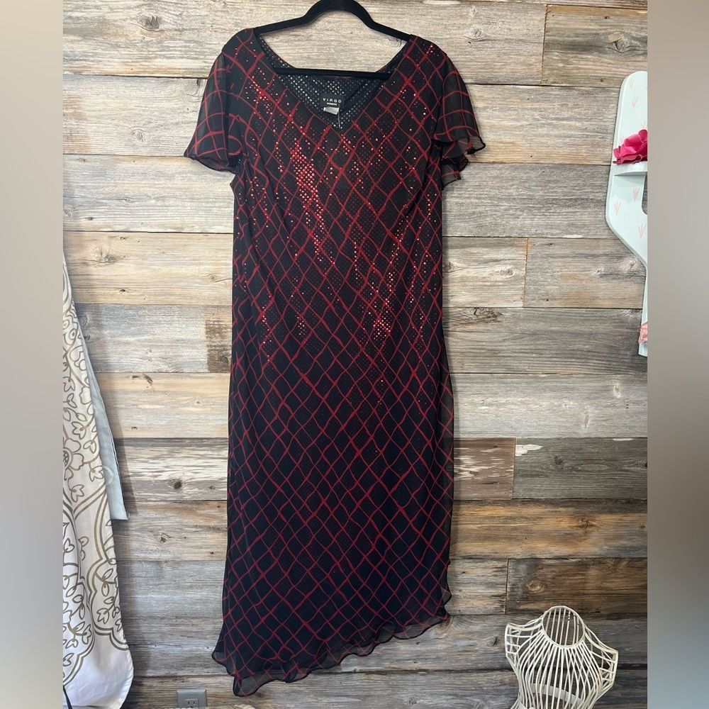 NWT Virgo Asymmetrical Diamond Sheer Overlay Sequined  Midi Short Sleeve Dress